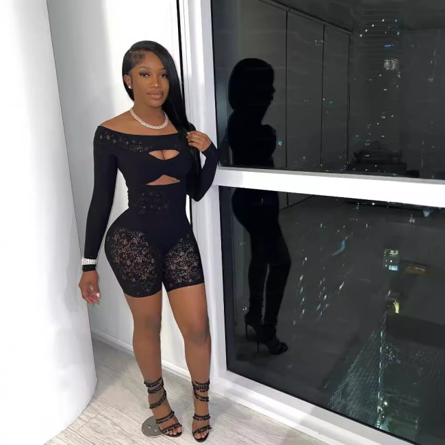 Y110705 European and American cross-border fashion women's one-shoulder lace hollow sexy jumpsuit shorts
