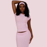FC1509 European and American cross-border fashion hot girl solid color short-sleeve top slim-fit bodycon long skirt set