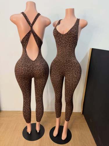 Y3008338 European and American cross-border fashion women's leopard print sports casual jumpsuit