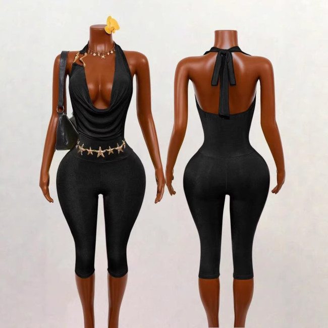 Cross-border European and American summer new fashion sexy halter neck metal buckle open back jumpsuit women's clothing
