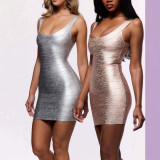 Cross-border European and American summer new fashion sexy solid color U-neck bandage sleeveless slim-fit bodycon dress for women