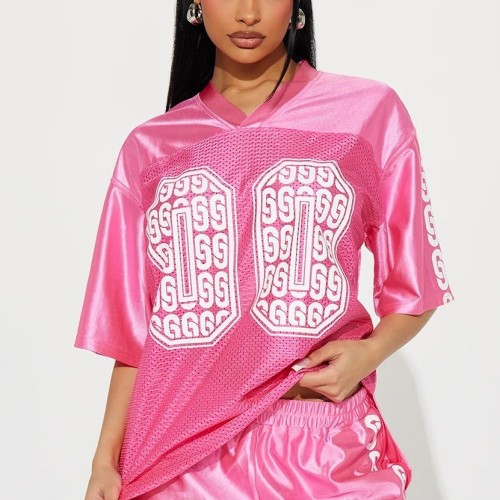 FC1227 European and American cross-border trendy brand digital letter print T-shirt, bright pink, personalized street style, African short-sleeve regular fit