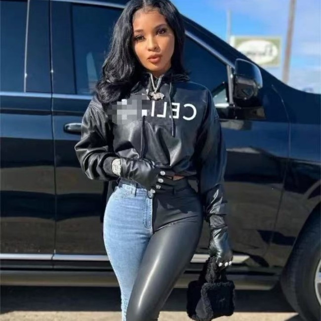 FC1305 European and American fashion cross-border women's street style PU leather loose hooded sweatshirt in black
