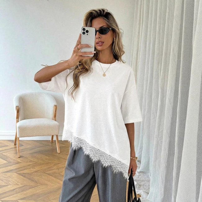 Cross-border European and American summer new fashion simple design lace splicing T-shirt short-sleeve top for women