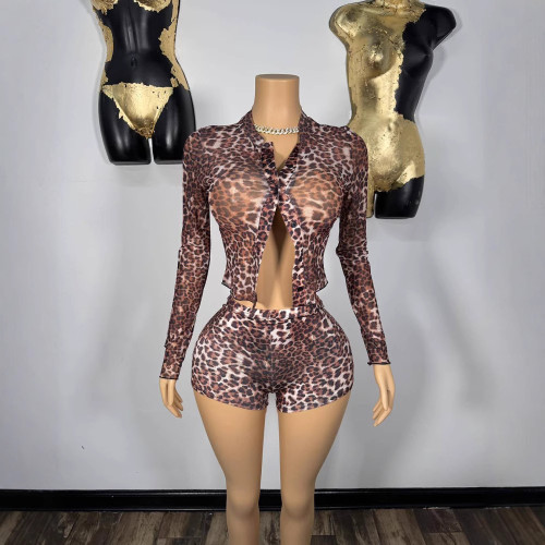 Y600602 Cross-border new product European and American autumn women's fashion sexy street style autumn tight-fitting long-sleeve leopard print two-piece set