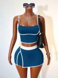 Cross-border European and American summer new fashion casual sports color-blocked striped tank top and bodycon short skirt set