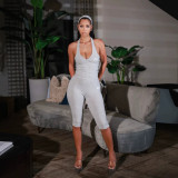 Cross-border European and American summer new fashion sexy halter neck striped sleeveless top and hip-hugging cropped pants women's outfit
