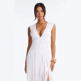Cross-border European and American foreign trade summer new fashion sexy deep V-neck bandage tassel double-layer long dress women's clothing