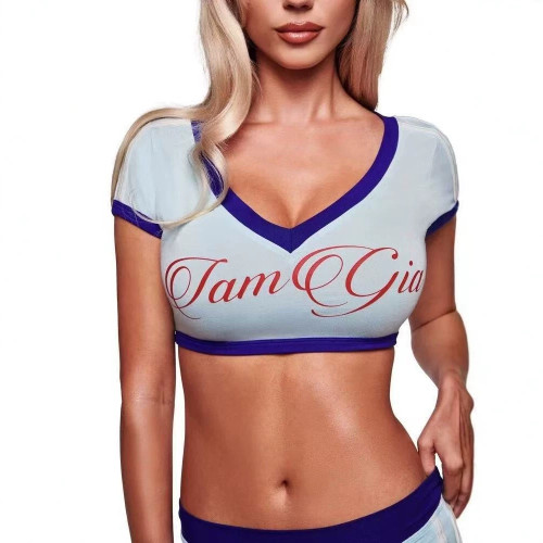 FC1497 Cross-Border European and American Sexy Hot Girl Contrast Color V-Neck Navel-Revealing Top and Skirt-Pants Set