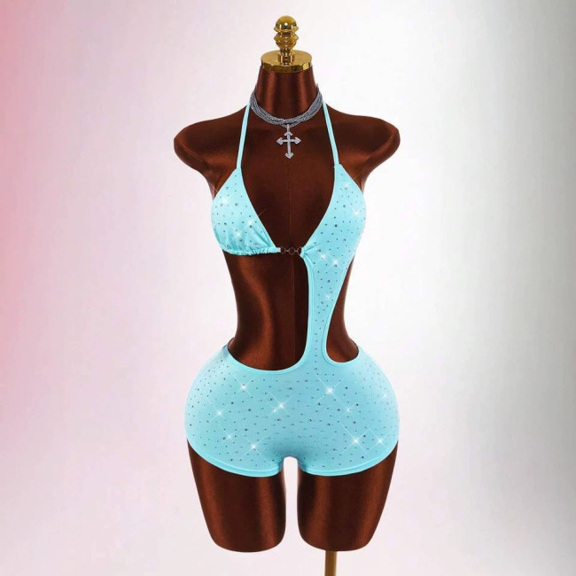 New European and American cross-border foreign trade sexy halter-neck tie-back backless rhinestone sleeveless short jumpsuit for women