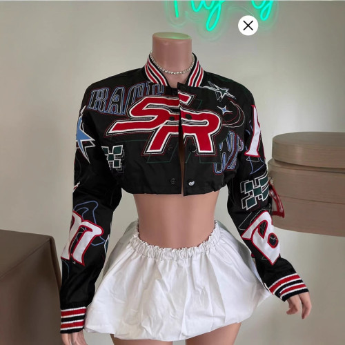 1295CroppedBaseballJacket Embroidered Short Long-Sleeve Single-Breasted Baseball Jacket New Autumn Style