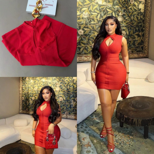 New European and American cross-border fashion sexy sleeveless hollow-out bandage slim-fit bodycon short dress for women