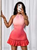 Cross-border European and American summer new fashion sexy halter neck tie sleeveless gradient color lace short dress