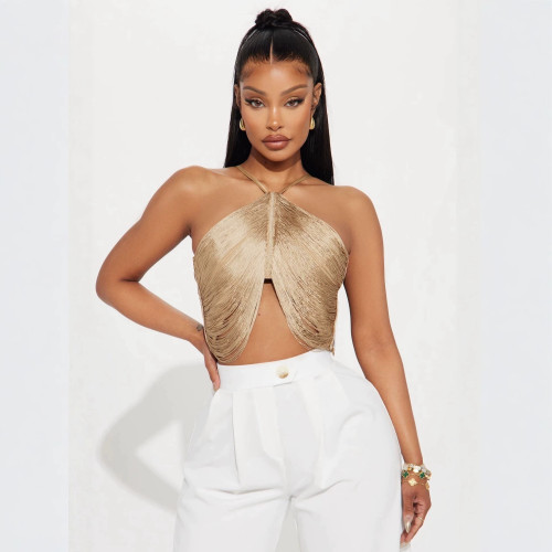 New European and American cross-border fashion sexy halter neck strap irregular tassel short backless top for women