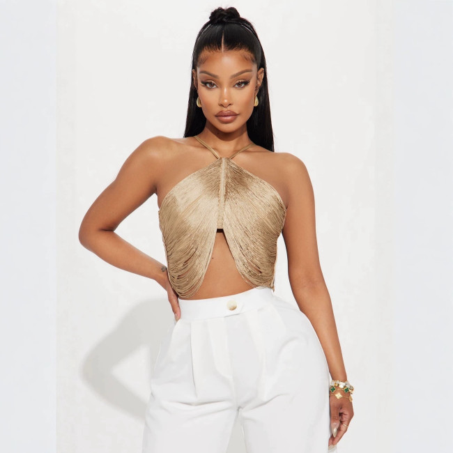 New European and American cross-border fashion sexy halter neck strap irregular tassel short backless top for women