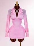 New European and American cross-border fashion solid color long-sleeve slim-fit V-neck ruched bodycon short dress for women