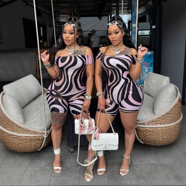 1364 Sexy Fitted Printed Romper sexy fitted printed strapless jumpsuit for hot girls
