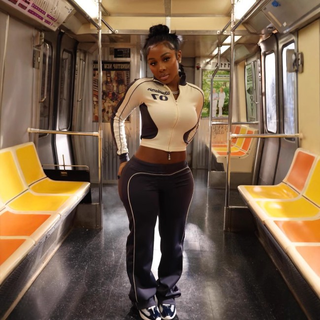 FC1298 New Trendy Brand Stand Collar Patchwork Tight Top and Pants Set in White, European and American Sexy Hot Girl African Style