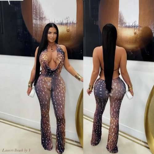 New European and American cross-border fashion sexy retro deer print halter neck backless lace-up slim-fit jumpsuit for women