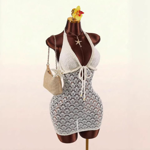 Cross-border European and American summer new fashion sexy woven hollow-out slim-fit bodycon short dress for women