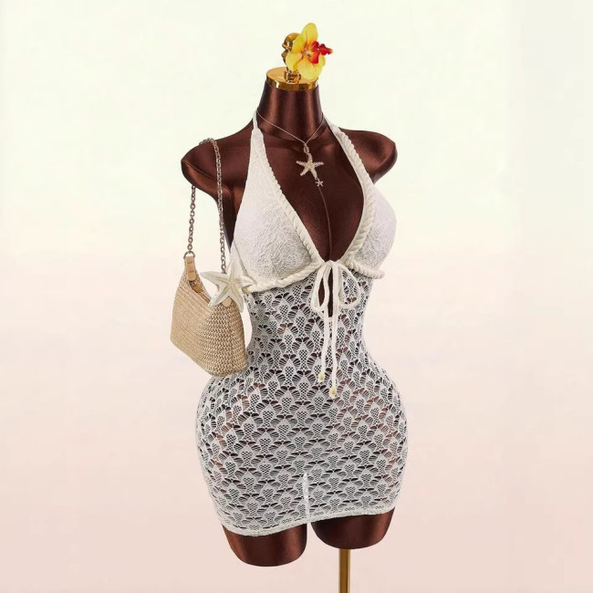Cross-border European and American summer new fashion sexy woven hollow-out slim-fit bodycon short dress for women