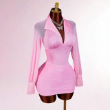 New European and American cross-border fashion solid color long-sleeve slim-fit V-neck ruched bodycon short dress for women