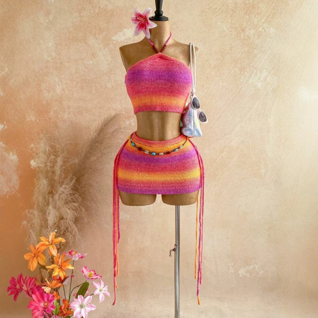 Cross-border European and American summer new fashion sexy halter neck tie-back crop top and skirt set