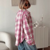 Pink plaid shirt for women, new European and American style, versatile loose-fitting shirt with detachable long sleeves and a turn-down collar, suitable as an outer layer