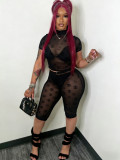 1447Black mesh flocked pattern sheer T-shirt & shorts set