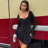 European and American foreign trade spring elegant slim-fit ruffled solid color bell-sleeve tie dress for women wholesale