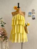 Cross-border European and American summer new foreign trade resort style sexy halter neck tie-back sleeveless ruffle cake dress for women
