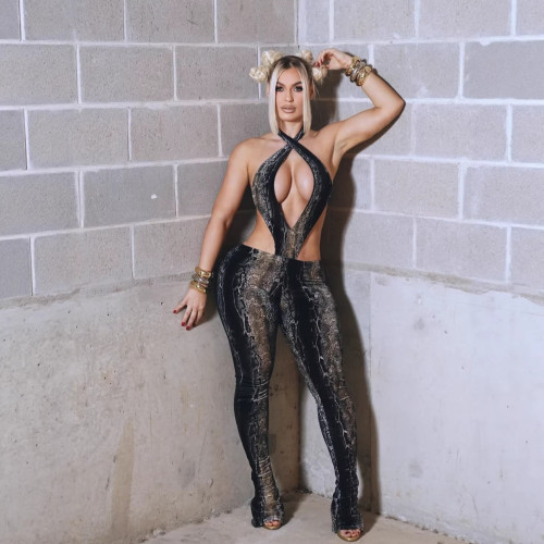 Cross-border European and American summer new fashion sexy halter neck snake print backless lace-up jumpsuit women's clothing