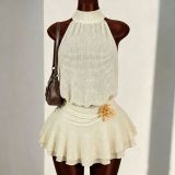 Cross-border European and American summer new foreign trade sexy solid color sleeveless halter neck tie-back waist-cinching tiered dress