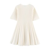New European and American style cross-border fashion elegant solid color round neck short-sleeve knitted short waist-cinching dress for women