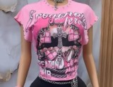 FC1428 European and American cross-border spring and autumn retro lip print studded casual tank top sexy hot girl other short-sleeved tops