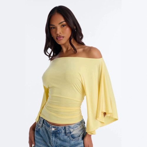 Cross-border European and American summer new fashion solid color off-shoulder batwing sleeve slim-fit top T-shirt
