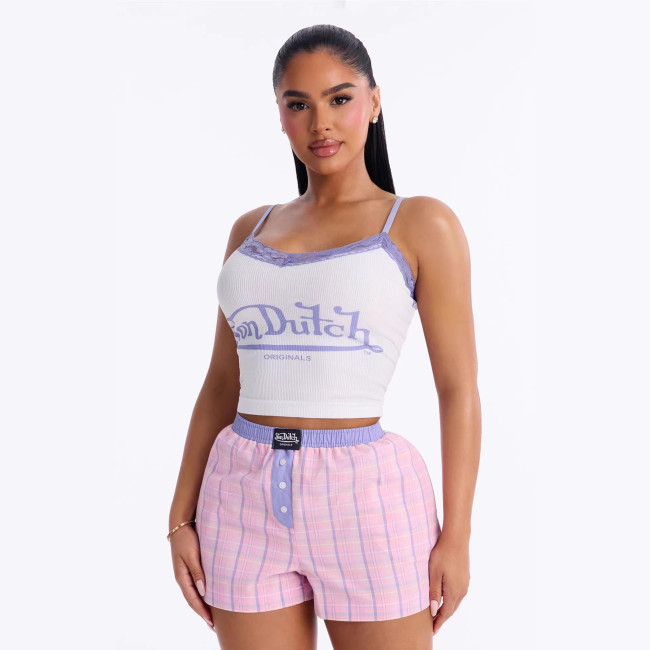 Cross-border European and American summer foreign trade fashion casual printed letter camisole top and plaid shorts set for women