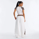 New European and American cross-border fashion leopard print letter print short top with slimming wide-leg pants set