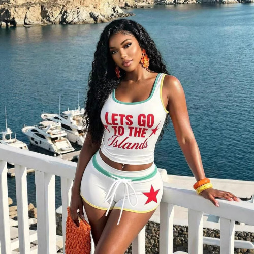 Cross-border European and American summer new fashion sports casual letter print tank top and shorts set