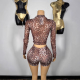 Y600602 Cross-border new product European and American autumn women's fashion sexy street style autumn tight-fitting long-sleeve leopard print two-piece set
