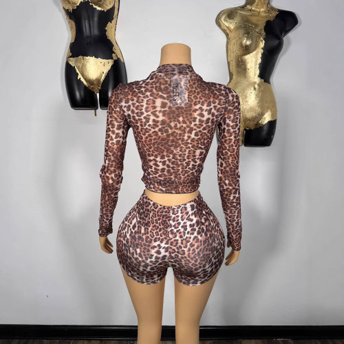 Y600602 Cross-border new product European and American autumn women's fashion sexy street style autumn tight-fitting long-sleeve leopard print two-piece set