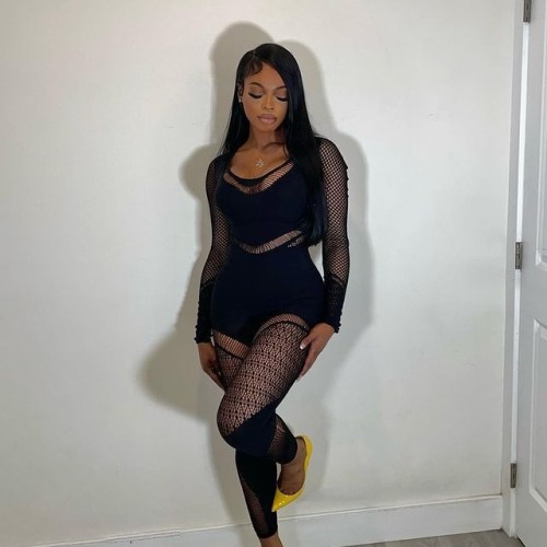 Y7231 European and American cross-border fashion women's see-through hollow mesh jumpsuit