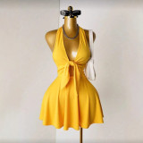 Cross-border European and American summer new fashion sexy solid color V-neck strap tight-fitting short dress for women