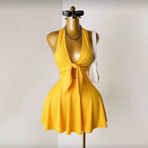 Cross-border European and American summer new fashion sexy solid color V-neck strap tight-fitting short dress for women