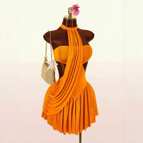 New European and American cross-border fashion sexy halter neck asymmetrical tie strap slim-fit short dress for women