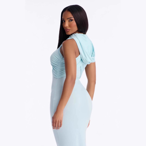Cross-border European and American summer new fashion solid color sleeveless cross-strap hooded waist-cinching long dress for women