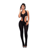 Cross-border European and American summer new foreign trade sexy hot girl solid color sheer slim-fit knitted jumpsuit for women