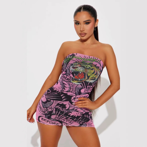 FC1331 Cross-Border European and American Sexy Fashion Printed Dress with Open Back