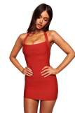 New European and American style cross-border fashion solid color bandage U-neck stretch ribbed slim-fit slip dress for women