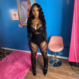 Y66125 European and American fashion women's mesh sexy hollow-out jumpsuit